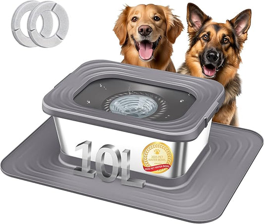 Decflow 10L Stainless Steel Dog Water Bowl, No Spill Anti-Splash Dog Bowls with XXL Silicone Mat, Spill-Proof Slow Feeder for Messy Drinkers, Heavy Duty Pet Bowls for Indoor/Outdoor Use Grey