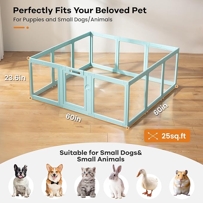 Clear Acrylic Dog Playpen Indoor, Puppy Cat Small Pet Play Pen, Pet Cat Foldable Playpen for Rabbits, Dog Fence Crate Kennel Whelping Cage (Green, 12 Panel)