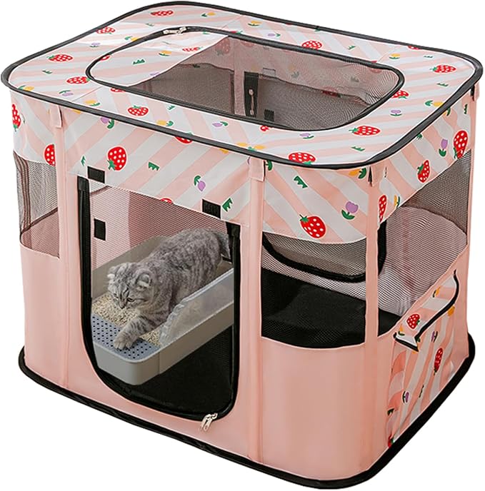 Portable Pet Playpen, Cat Playpen for Indoor Cats Enclosed，Kitten Playpen Indoor with Resistant Breathable Shade Cover,Indoor Outdoor Use for Small Medium Pet (M, Pink)