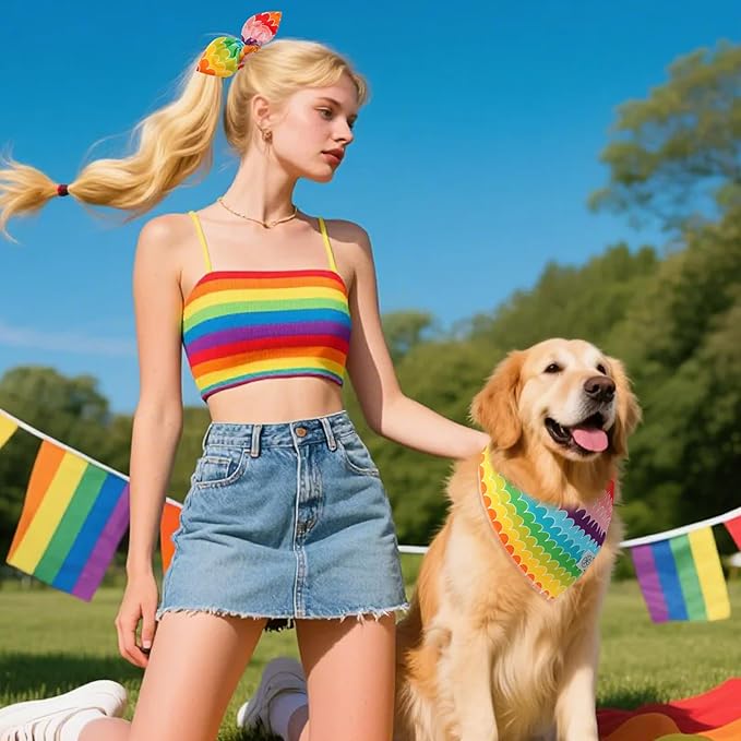 E-Clover Rainbow Dog Bandanas & Matching Scrunchie Set Girl Cute Pride Dog Scarf Bibs Pet Bandana with Bow Tie for Small Dogs Puppy Owner Mom Summer