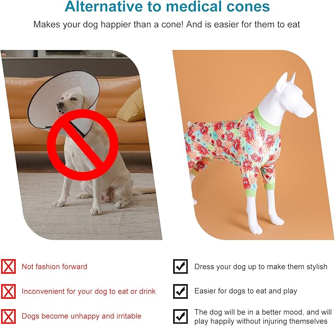 LovinPet Dog PJS Bodysuit for Large Dogs, Pet Pajamas for Dogs, Anti Licking & Anxiety Calming Dog Shirt, Lightweight Stretchy Fabric, Watermelon & Flowers Print, Pitbull Clothes, 2XL