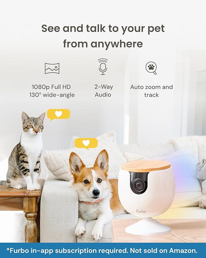 Furbo Mini Pet Camera - Unlock Camera & Smart Features w/Paid Plan: Home Security with Dog & Cat Safety Alerts, 2-Way Audio, Mountable Smart Cam w/Phone App (Subscription Required, 3mo Minimum)