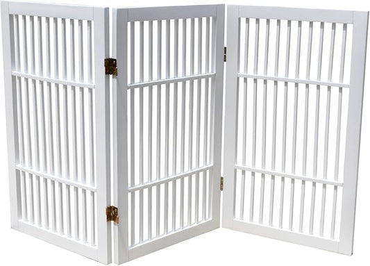 Pet Dog Gate Strong and Durable Freestanding Folding Acacia Hardwood Portable Wooden Fence Indoors or Outdoors by Urnporium (White Pet Gate, 3 Panel 30" Tall)