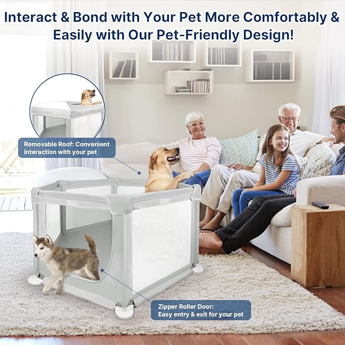 58.3"x58.3"x29.9" Large Dog Playpen Indoor, Extra Tall Puppy Playpen with Removable Roof, Sturdy Fabric Dog Pen for Medium to Large Pets, Spacious Hexagonal Pet Playpen Indoor for Comfort & Security