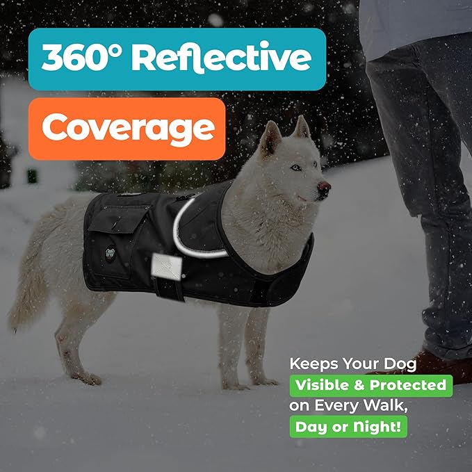 Joyride Harness FrostFlex Dog Winter Jacket - Fleece Lined & Water-Resistant - Snowsuit with Pockets for Treats & Poop Bags - Durable Cold Weather Dog Coat - Black Onyx-XL