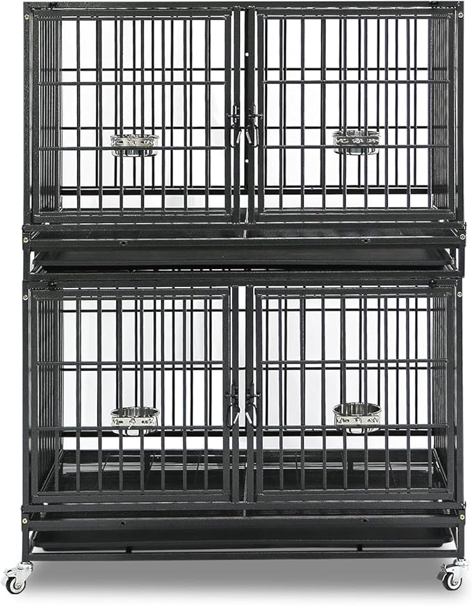 Homey Pet 43 inch Dog Crate Stackable Heavy Duty Dog Kennel Indoor Dog Grooming Cage with Detachable Divider, Removable Tray, Wheels, Feeding Bowls (2 Tiers)