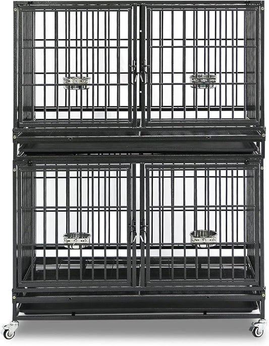 Homey Pet 43 inch Dog Crate Stackable Heavy Duty Dog Kennel Indoor Dog Grooming Cage with Detachable Divider, Removable Tray, Wheels, Feeding Bowls (2 Tiers)