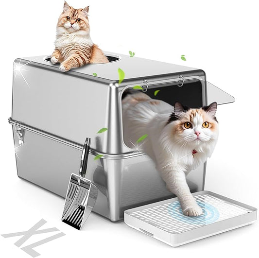 Stainless Steel Litter Box with Lid, Enclosed Metal with High Sides, Large Cat Litter Box, Dog-Proof, Odor Control, Easy to Clean,Durable with Round Edge (Frontal Opening)