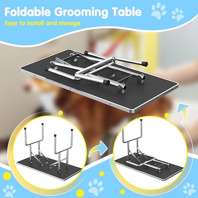 46''Large Dog Grooming Table, Adjustable Cat Drying Desktop with Arms, Nooses, Mesh Tray, Foldable Pet Station at Home, Maximum Capacity Up to 330Lb, 46inch, Black, 46in