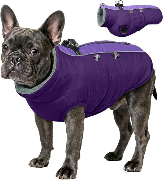 IDOMIK Warm Dog Coat with Harness, Waterproof Reflective Dog Jackets for Small Medium Large Dogs, Fleece High Collar Winter Jacket with Zipper, Pet Winter Snowsuit Clothes for Cold Weather,Purple M