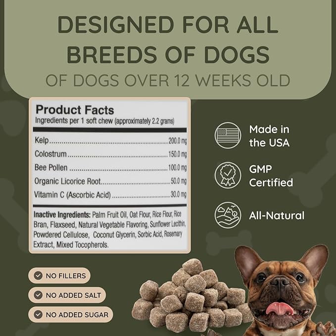 Asher House Wellness Dog Allergy Chews - All-Natural Itchy Skin Relief for Dogs with Bee Pollen, Colostrum - Licking Paw Treatment, Allergy Medicine for Dogs Over 12 Weeks, 120 Chews