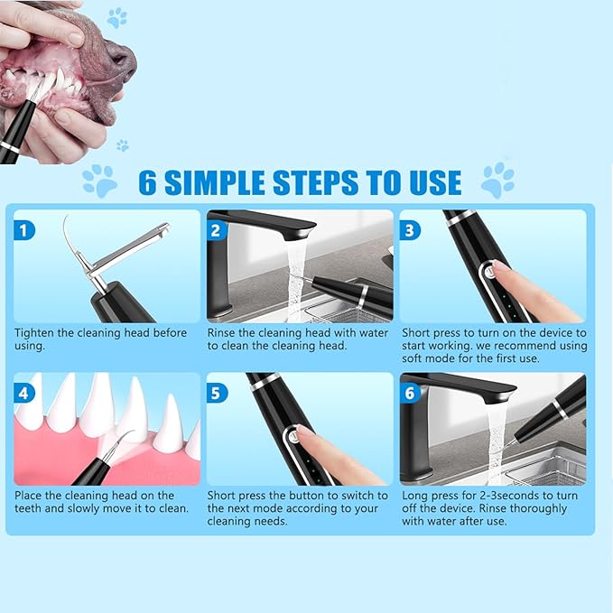 Pet Ultrasonic Plaque Remover,Tooth Cleaning Kit for Tartar and Stains,6 Modes Low Noise Sonic with LED Light,Safe for Dogs and Cat(White)