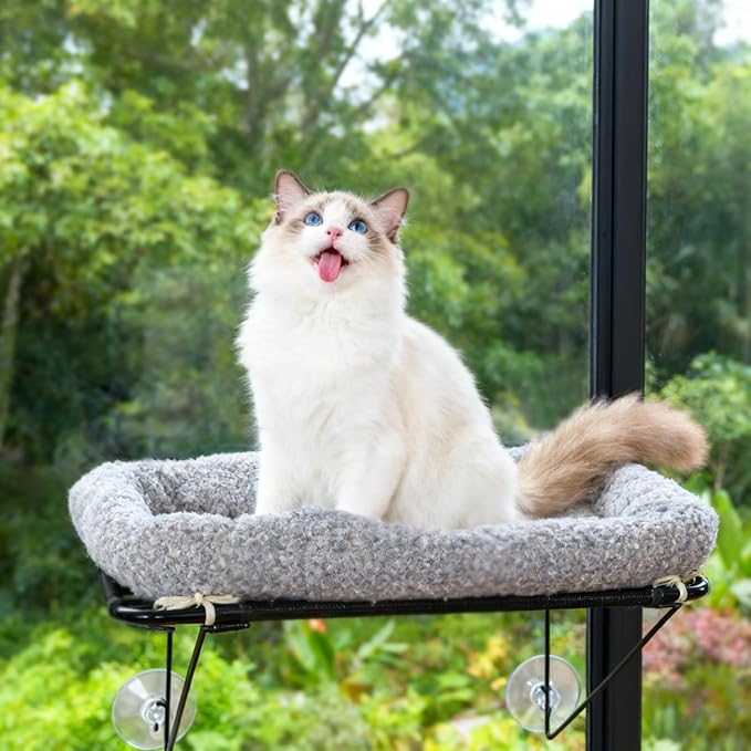 Cat Window Perch, Cordless Cat Hammock Window Seat with Sturdy Metal Frame Supports and 4 Strong Suction Cups (Grey, Short Hair)