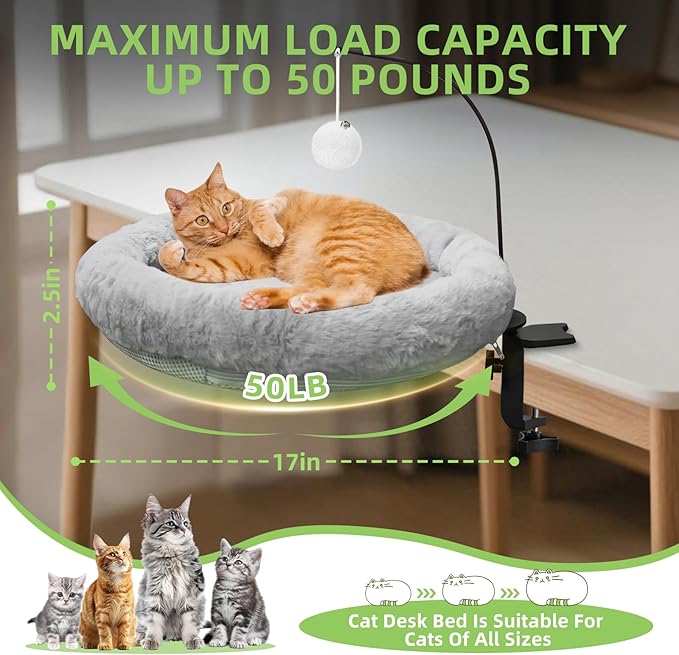 Cat Desk Bed - Hanging Plush Ball Design, 360° Rotating Round Cats Bed, Can Bear 50 Pounds, Soft Faux Rabbit Fur Material, Cat Hammock are Suitable for Various Desktops