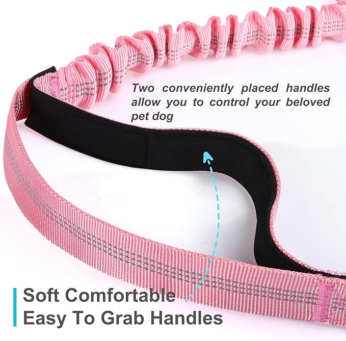 Hands Free Dog Leash, Adjustable Waist Leash for Dog Walking, Dual Handle Bungee Dog 4.2-6.7 Feet Long with Reflective Stitches for Walking Hiking Running, Fits 26"- 43" Inch Waist, Pink