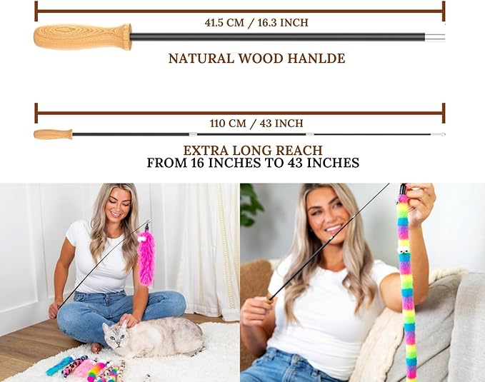 Cat Toys Set Cat Toy Wand Fishing Pole Retractable Teaser & Fuzzy Worm Interactive Kitten Toys Wand Attachments