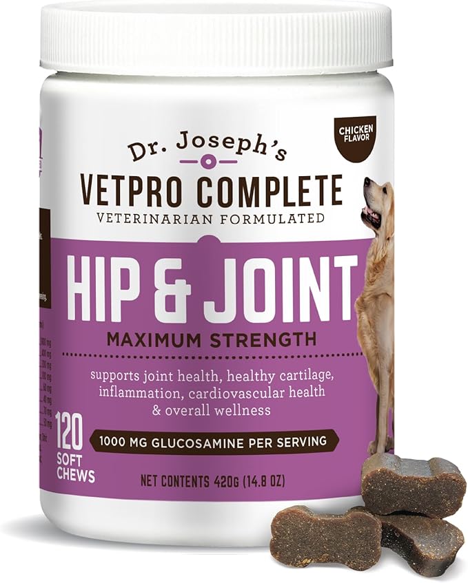 Dr. Joseph's VetPro Complete Dog Hip and Joint Supplement, 120 Count, Chicken Flavored Pain and Inflammation Relief Chews with Glucosamine, Chondroitin, MSM, Turmeric, Vitamin C, Omega 3