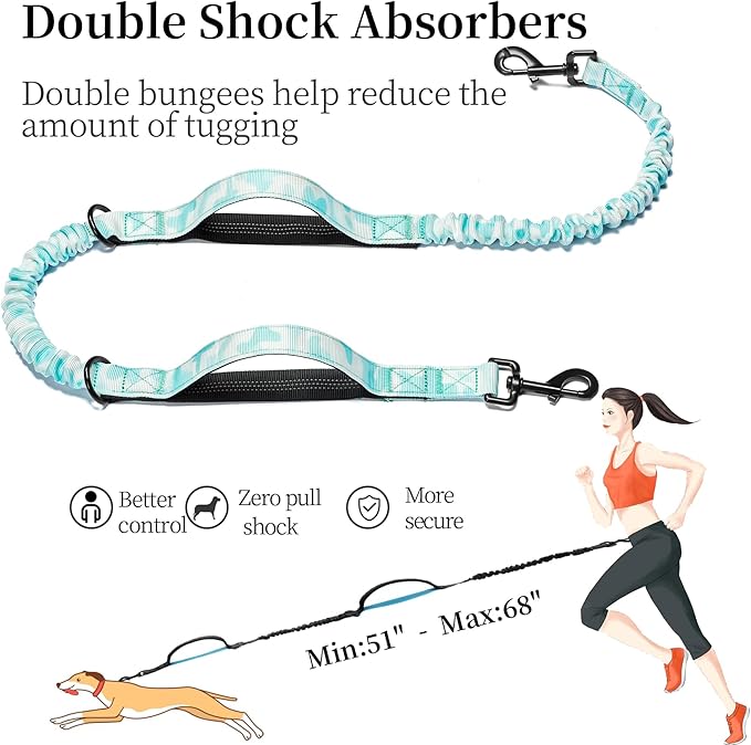 iYoShop Hands Free Dog Leash with Zipper Pouch, Dual Padded Handles and Durable Bungee for Walking, Jogging and Running Your Dog (White-Blue Mix, Large)