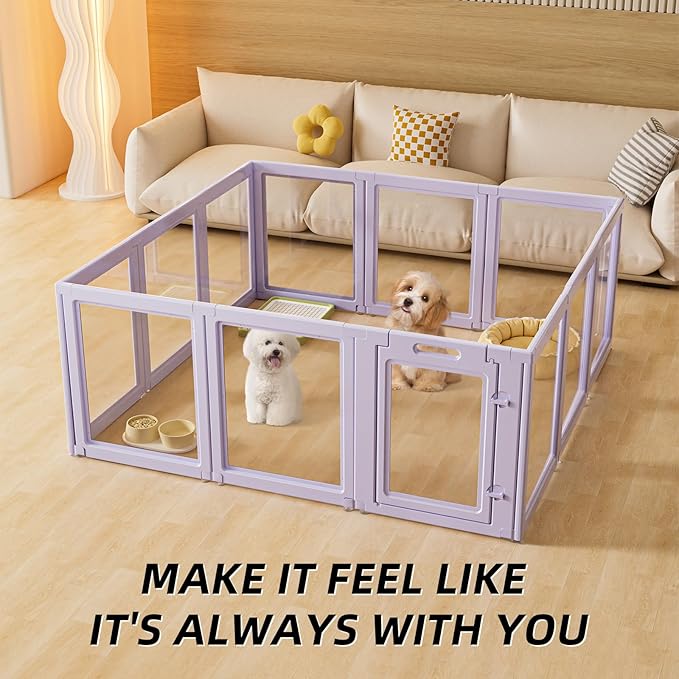 DIY Clear Acrylic Dog Playpen House,Quick Easy Assembly and Disassembly,Strong Floor Suction,Indoor and Outdoor Use,Easy Cleansing Puppy Fence (Purple, 23.6" H, 12PCS)