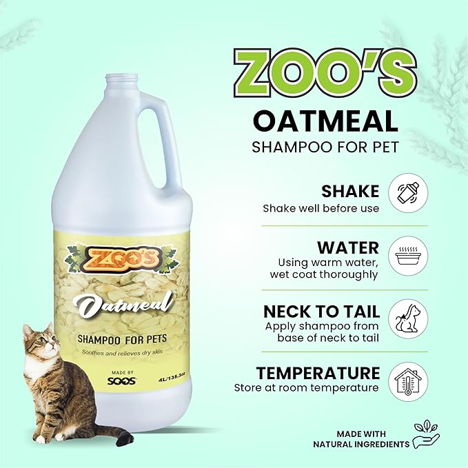 Zoo’s Pet Oatmeal Dog Shampoo for Cats and Pets Fast Absorbing Moisturize Skin Provides Relief to Dry Itchy Skin While Softening Your Pet’s Coat - 1x Dog and Cat Shampoo (4L / 1.32 gal)
