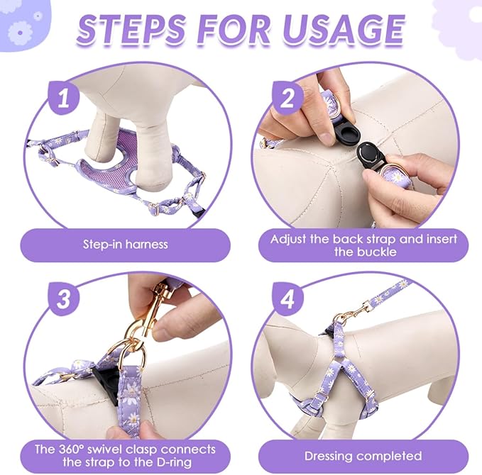 SlowTon Small Dog Harness - No Pull Dog Harness and Leash Set, Soft Mesh Lightweight Puppy Vest Harnesses, Adjustable Pet Harnesses for XXS XS Small Medium Easy Walk Hiking (Purple, S)