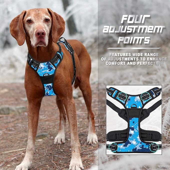 BARKBAY No Pull Dog Harness Front Clip Heavy Duty Reflective Easy Control Handle for Large Dog Walking(Blue camo,XL)