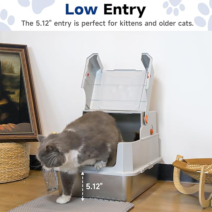 TENTIZON Stainless Steel Extra Large Covered Cat Litter Box with Lid, High Sides, Litter Mat, Scoop, Hooded Enclosed Kitty LitterBox for Big Cats Up to 24lbs, Multi-Cat, Ordor Control, Easy Clean