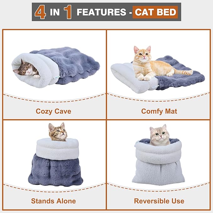4 in 1 Self Warming Burrow Cat Bed, Pet Hideway Sleeping Cuddle Cave (Style2- Gray)
