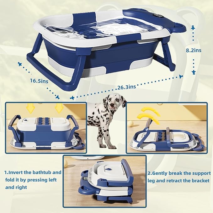 Collapsible Dog Bathtub with thermometer, suitable for dogs and cats - Portable and foldable dog bathtub with drain plug - Space-saving dog bathing basin and multi-purpose laundry/storage basket(Blue)