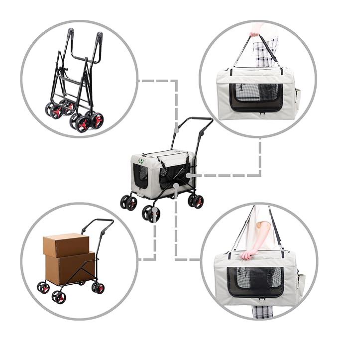 Pet Stroller with Detachable Wheels, Cat Carrier Dog Carrier, Adjustable Mesh Windows, Portable Pet Travel Bag, Travel Foldable Pet Carrier for Small Cat and Dog (Beige)