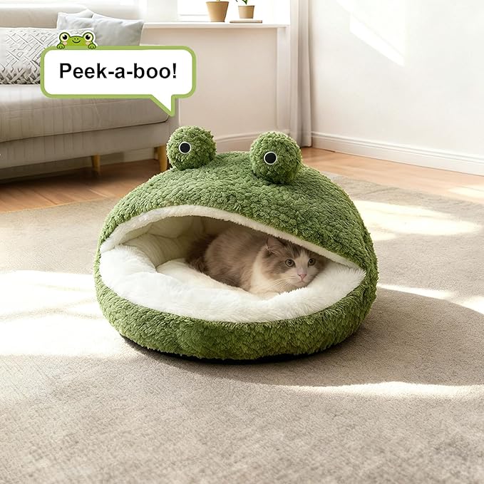 CWV Cute Cat Beds Kitten Beds, Soft Small Dog Beds, Washable Pet Beds for Puppy and Kitty, Funny Frog Cat Cave, 23 Inches