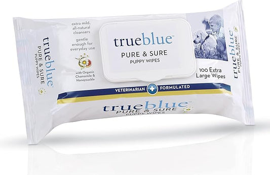 TrueBlue Chamomile & Honeysuckle Pure & Sure Puppy Wipes – Pre-Moistened Puppy Pads for Cleaning Dirty Paws, Coats, Dog Hair – Extra Large – 8”x7” – 100 Count