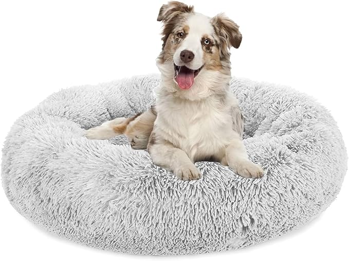 Original Calming Donut Dog and Cat Bed in Shag Fur, Dog Beds for Melium Dogs, Anti Anxiety Round Fluffy Plush Faux Fur Pet Bed, Light Grey, 27.6x27.6