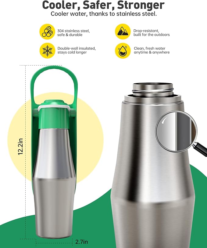 Stainless Steel Dog Water Bottle - 27 oz Portable Travel Dog Bottle & Bowl, Leak Proof Stainless Steel Metal Pet Water Bowl Dispenser for Camping, Hiking, Traveling, Walking (27oz, Green)