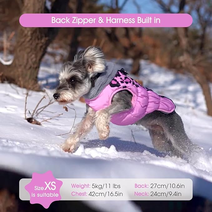 FUAMEY Dog Coat for Large Dogs,Waterproof Dog Winter Jacket with Harness Built in Puppy Cold Weather Coats Reflective Pet Vest with Zipper Warm Fleece Dogs Snowsuit Windproof Pink Leopard XL