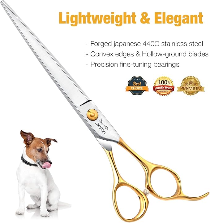 JASON 7.5" Dog Grooming Scissors Cats Trimming Shears Professional Pets Scissor Kit for Right Handed Groomers Gold Sharp Shear