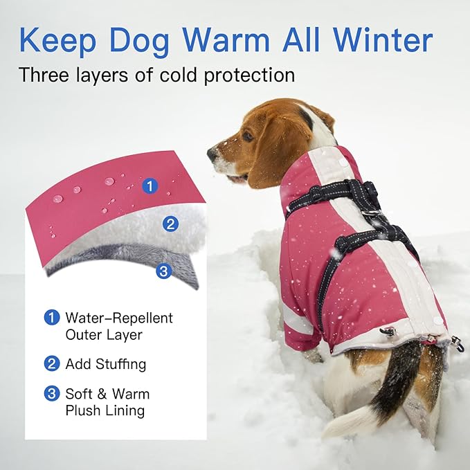 Dog Winter Coat with Adjustable Reflective Harness Built in -M | Turtleneck Water-Repellent Coats with Sleeves for Small Dogs Girls,Cold Weather Clothes,Warm Jacket for Jack Russel (Pink)