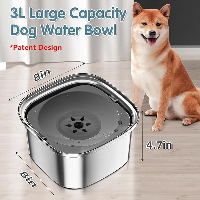 UPSKY 3L Dog Water Bowl No Spill, Splash Proof Dog Bowl Stainless Steel No Mess Slow Drinking Water Bowl, Dark Grey