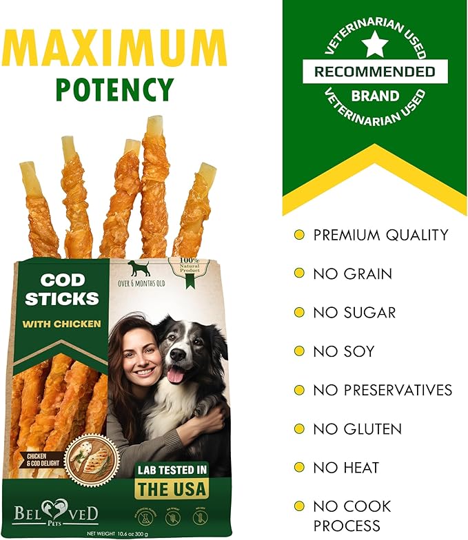 Beloved Pets Dog Treats Rawhide - Free Cod Sticks Chicken Wrapped 11 oz - All Natural & Grain Free Long Lasting Chews for Large & Small Dogs - Dried Pet Snacks - Support Healthy Teeth & Skin Coat
