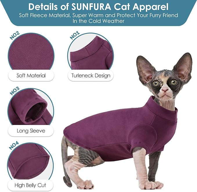 SUNFURA Turtleneck Sweater for Cat, Sphynx Cats Shirt Hairless Cat Sweaters with Sleeves, Warm and Soft Kitten Pullover Fleece Winter Pajamas Jumpsuit for Puppy Cats, Purple XL