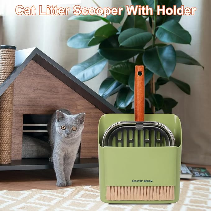 Stainless Steel Cat Litter Scoop with Holder, Kitty Poop Scooper Stand for Litter Box, Fast Sifting Non-Stick Cat Poop Scooper with Coarse and Fine Grids for All Litter Pan, Green