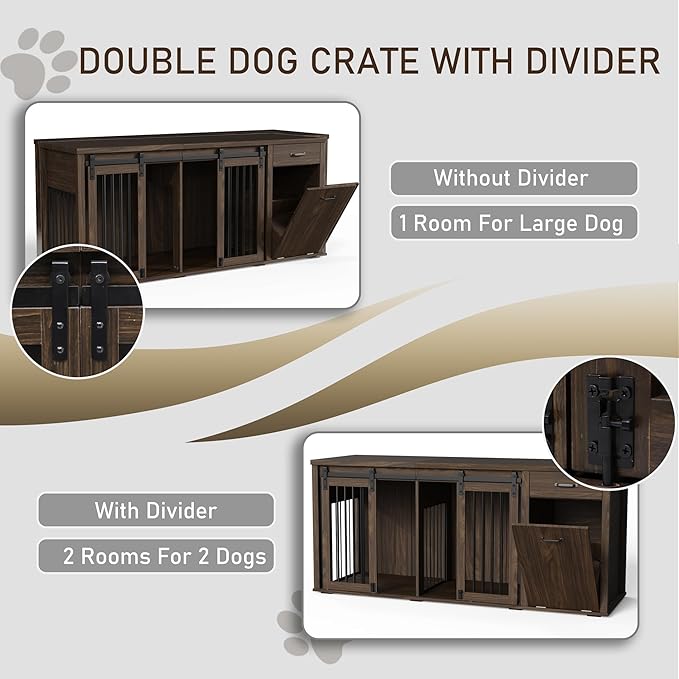 Large Dog Crate Furniture Large Breed,71 Inch Wooden Dog Crate with Tilt Out Trash Cabinet,Drawers,Divider and Sliding Barn Door, Double Doors Dogs Crate for 2 Dogs (Brown)