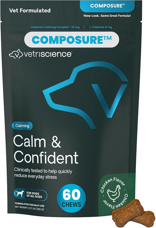VetriScience Calm & Confident Chews, Composure Clinically Tested Calming and Anxiety Supplement for Dogs, Reduce Stress and Fear, Ideal for Thunderstorms, Fireworks and Travel, Chicken, 60 Count