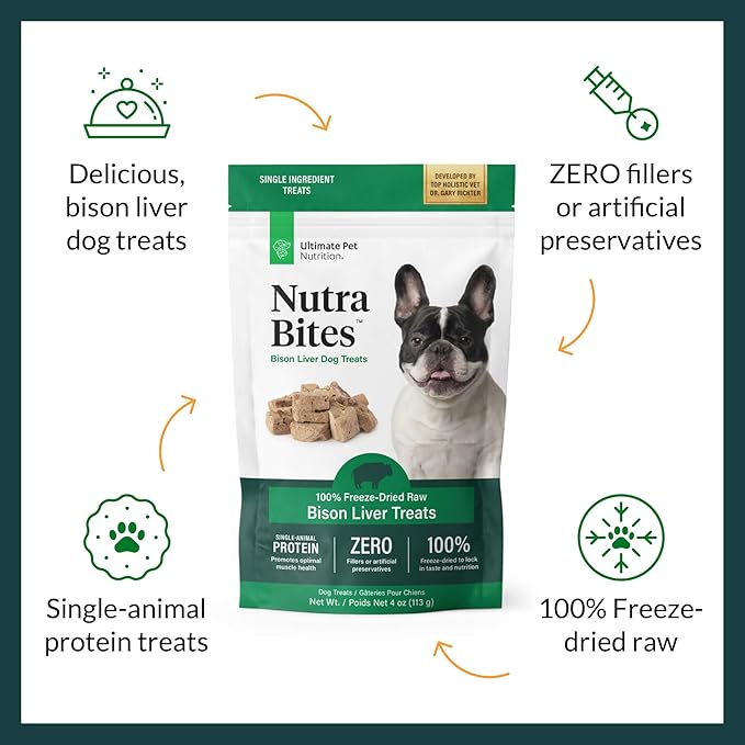 ULTIMATE PET NUTRITION Nutra Bites Freeze Dried Raw Single Ingredient Training Treats Food Topper for Dogs, 4 Ounces, Bison Liver