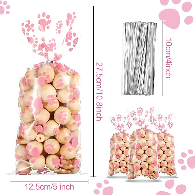 Blulu 100 Pieces Dog Treat Bags Puppy Party Favor Pet Paw Cone Cellophane Bags Candy Heat SealableDog Paw Gift with 100 Pieces Silver Twist Ties for Pet Cat Treat Party Favor(Pink)