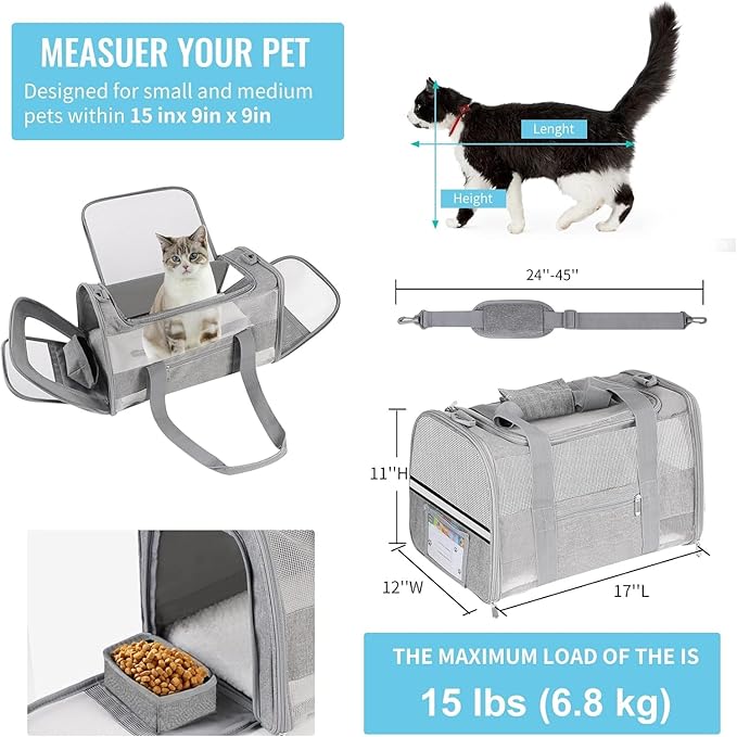 Cat Carrier Pet Carrier for Small Dogs Cats Puppies Under 15 Lbs, TSA Airline Approved Carrier Bag Soft Sided Dog Travel Carriers, Cat Carriers with Reflective Strip, Grey