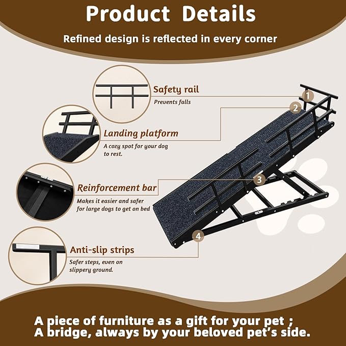 Dog Ramp for Bed - 65" Length, Supports up to 32" Height,Includes Non-Slip Replaceable Carpet, Safety Rails & Landing Platform,Adjustable & Foldable Pet Ramp for Large/Senior Dogs to Get on Bed-Black