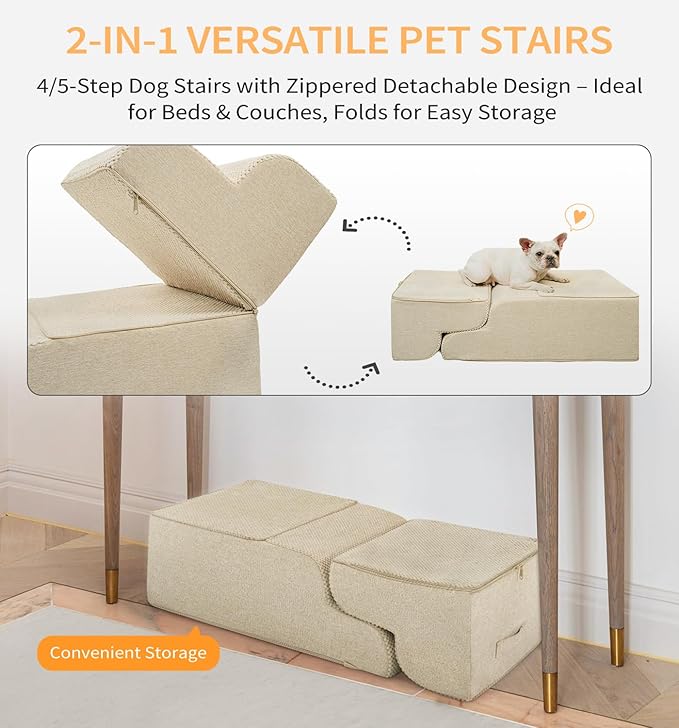 Made4Pets Dog Stairs Ramp for Bed, 4-Step Dog Steps for High Bed Couch Sofa Climbing, 35D Foam Pet Steps for Small Dogs and Cats, Non-Slip Bottom Pet Stairs, Beige