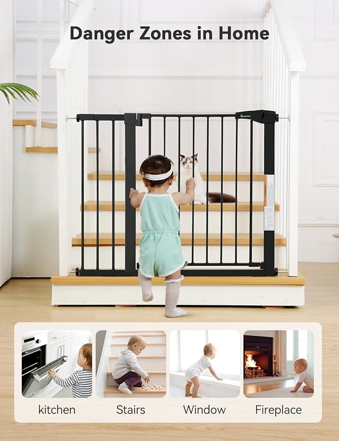 COMOMY 30" Tall Baby Gate for Stairs Doorways, Fits Openings 29.5" to 43.3" Wide, Auto Close Extra Wide Dog Gate for House, Pressure Mounted Easy Walk Through Pet Gate with Door, Black