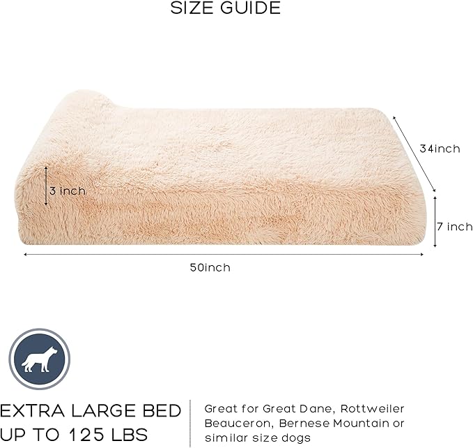Jumbo Orthopedic Dog Bed for Large Dogs - 7-inch Thick Memory Foam Dog Bed with Pillow Removable Cover Machine Washable (Beige | Plush), 50''L x 34''W x 10''Th I Extra Large